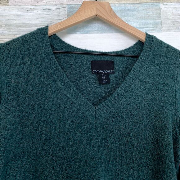 Cynthia Rowley V Neck Wool Blend Sweater Green Ribbed Soft Stretchy Womens Small - Picture 2 of 7